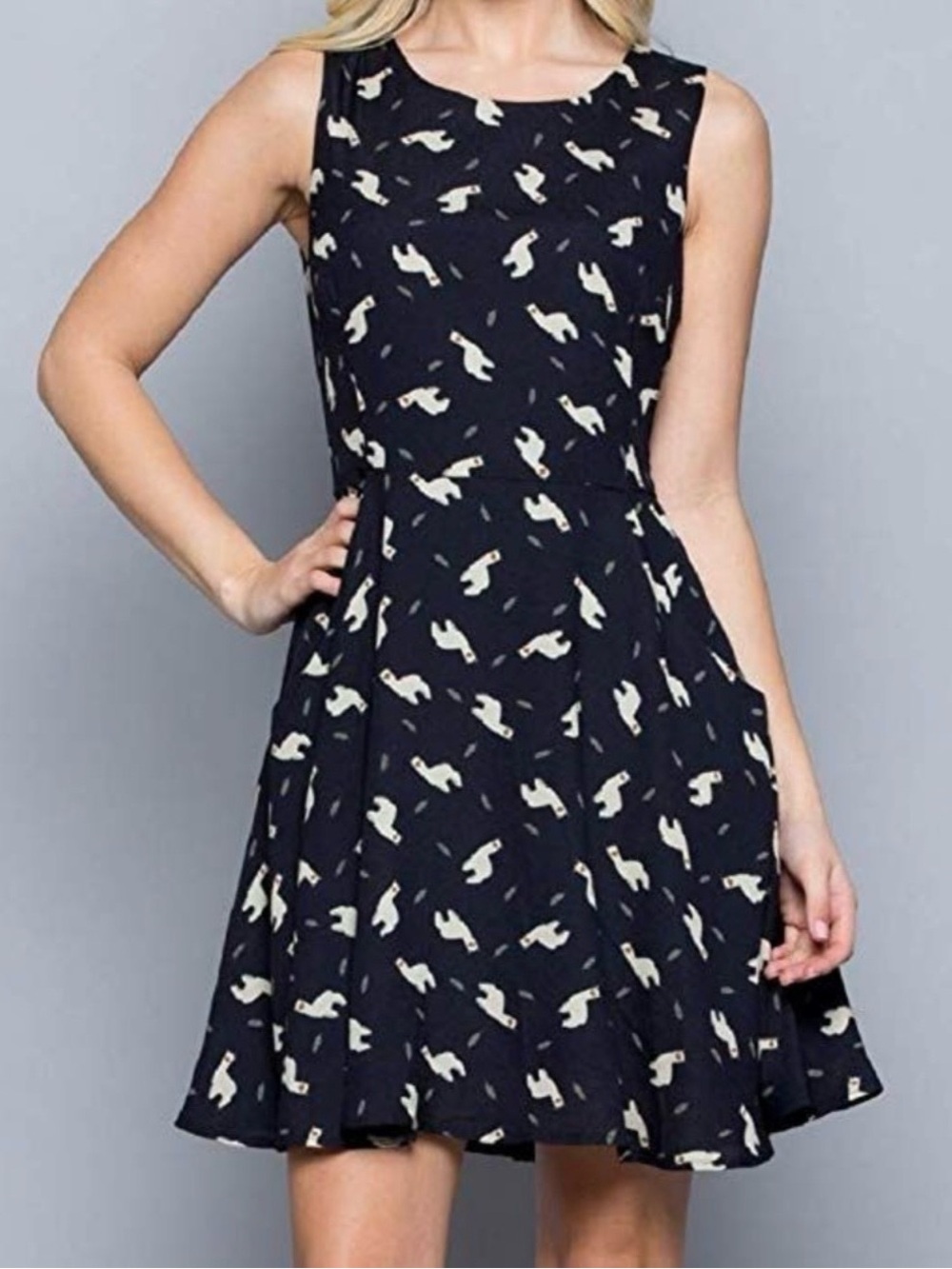 Navy Sleeveless Fit-and-Flare Dress with Cream Llama Print with Pockets